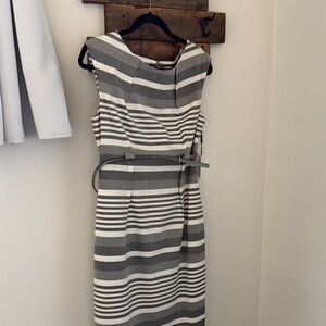 Calvin Klein Gray and White Striped Dress, lined, belt